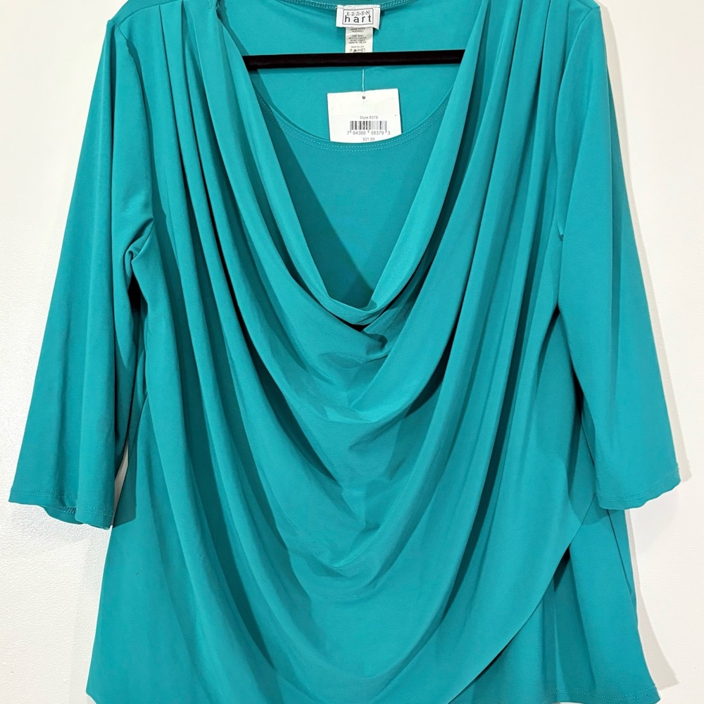Blue Draped Blouse with 3/4 Sleeves - Picture 2 of 6
